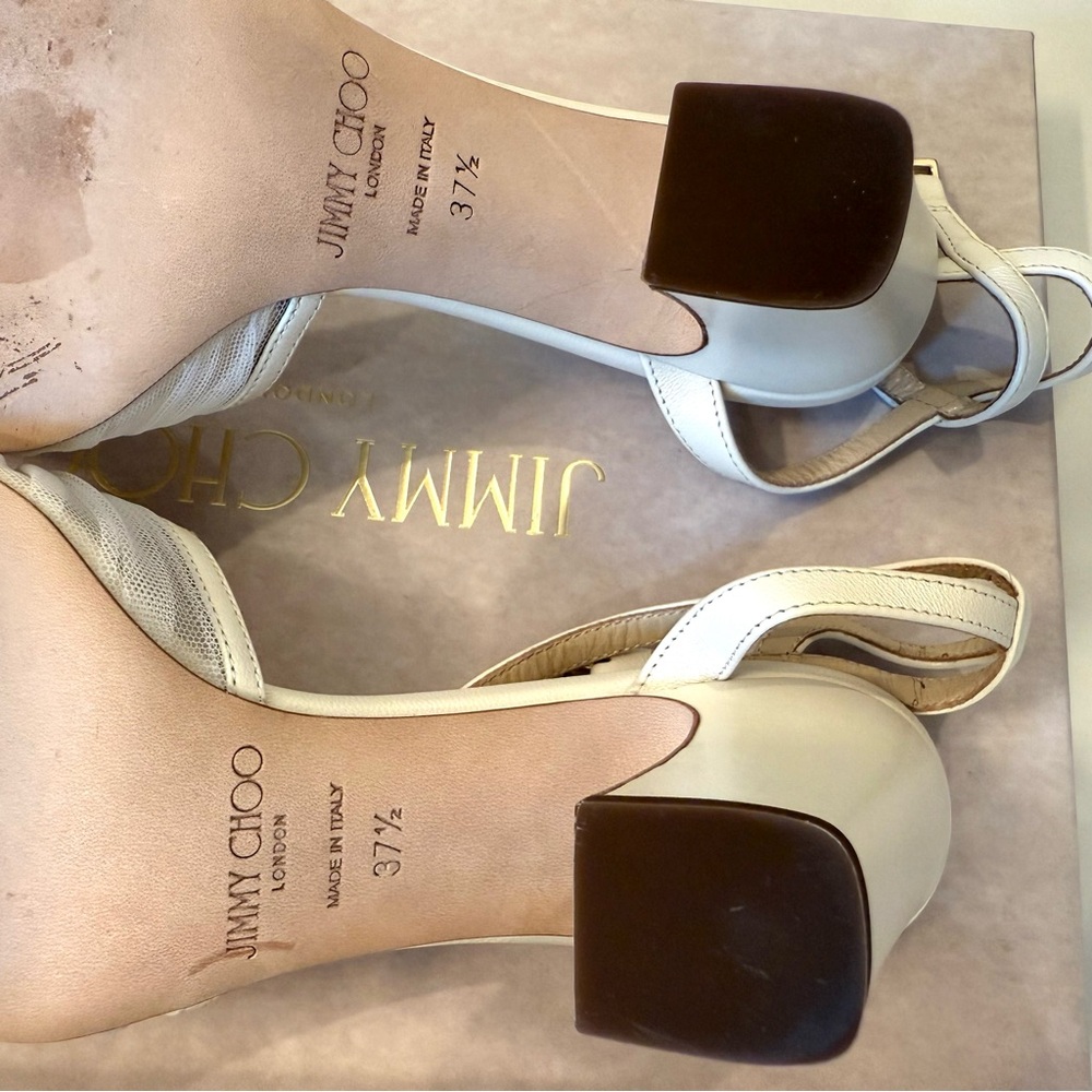 JIMMY CHOO Sacaria 85 Block Heels Sandals Cream White Bridal Pearl 37.5 7.5 - Picture 8 of 14